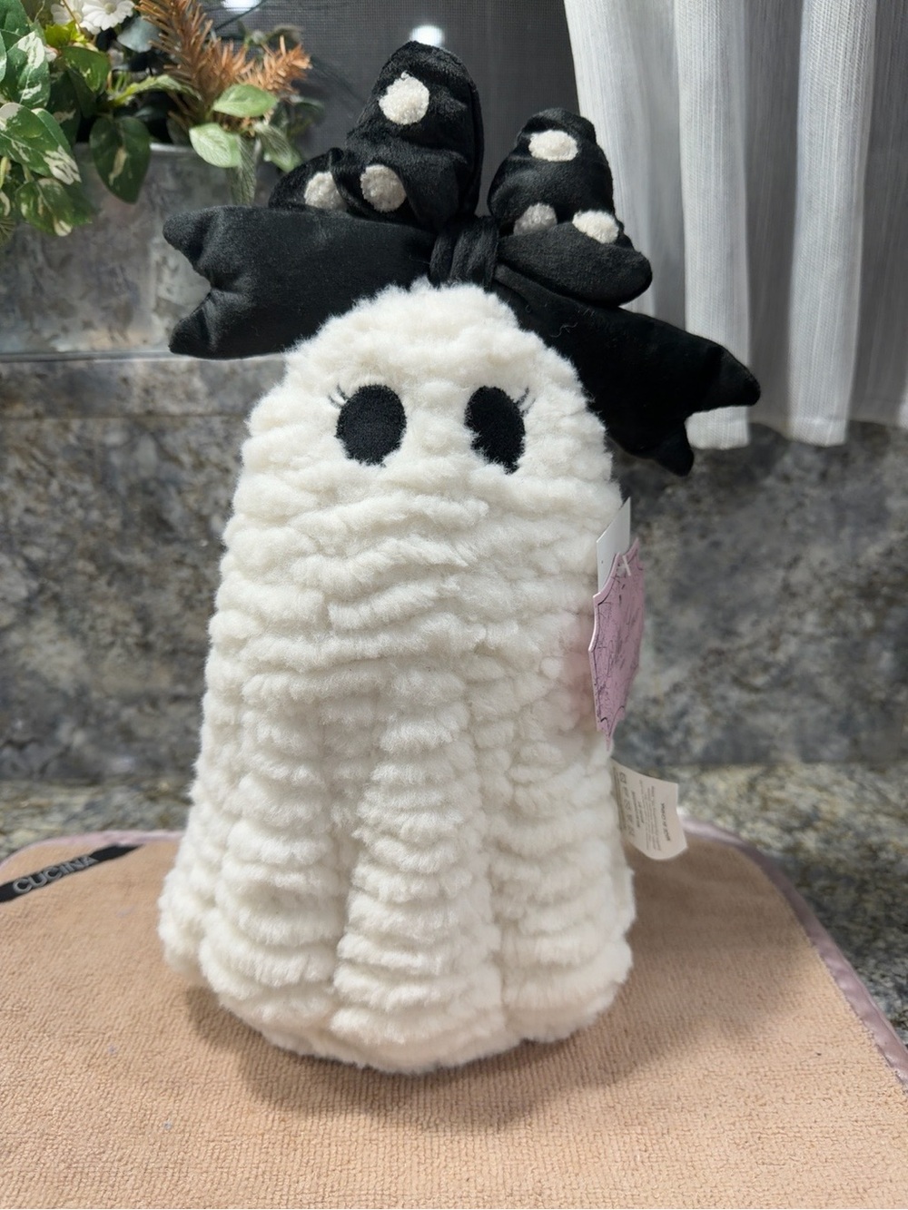 NWT Bella Lux Plush Ghost w/ Polka Dot Bow Halloween Decor 14"